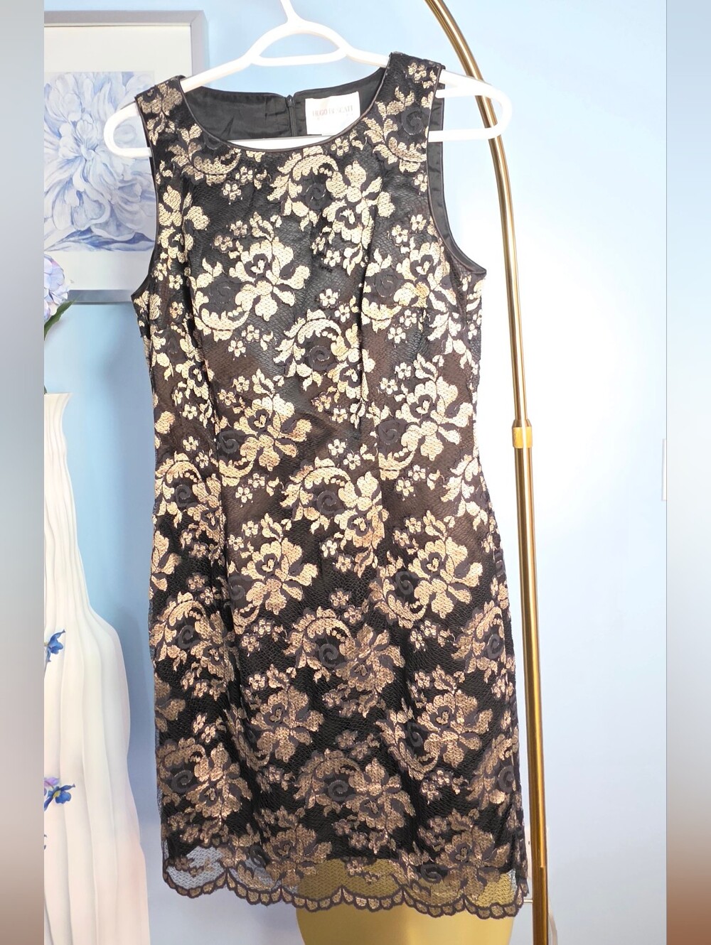 Vintage 90s Hugo Buscati Collection Black & Gold Lace Sheath Dress – Size 6 🖤✨